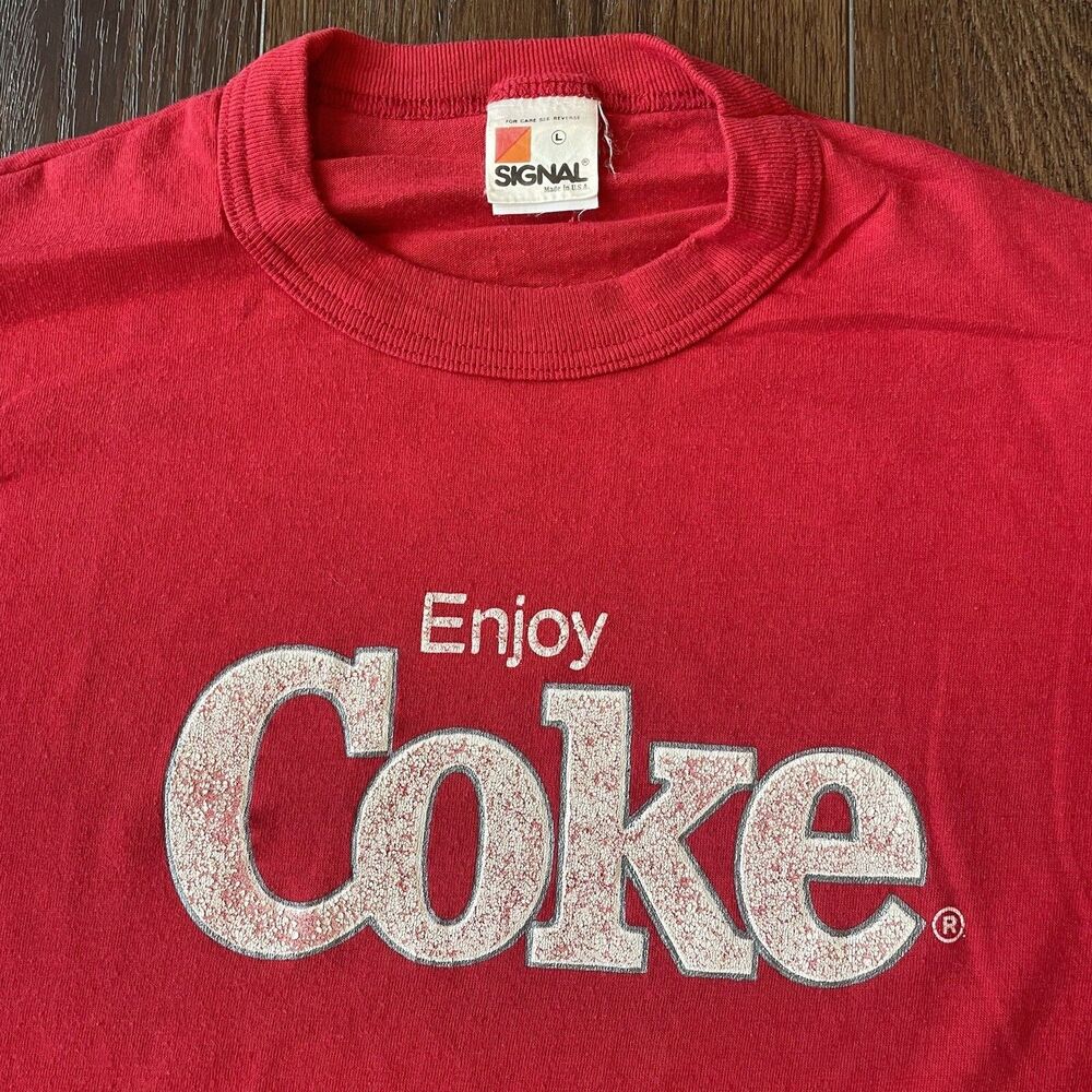 Vintage 80s Coca Cola T-Shirt By Signal; Listed Mens L (fits small); 2x Sided